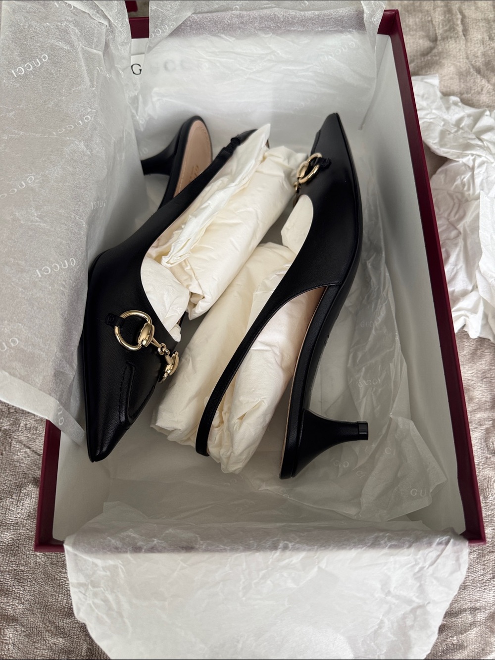 Gucci Black Leather Pointed Slingback Mules with Gold Horsebit - Picture 10 of 10